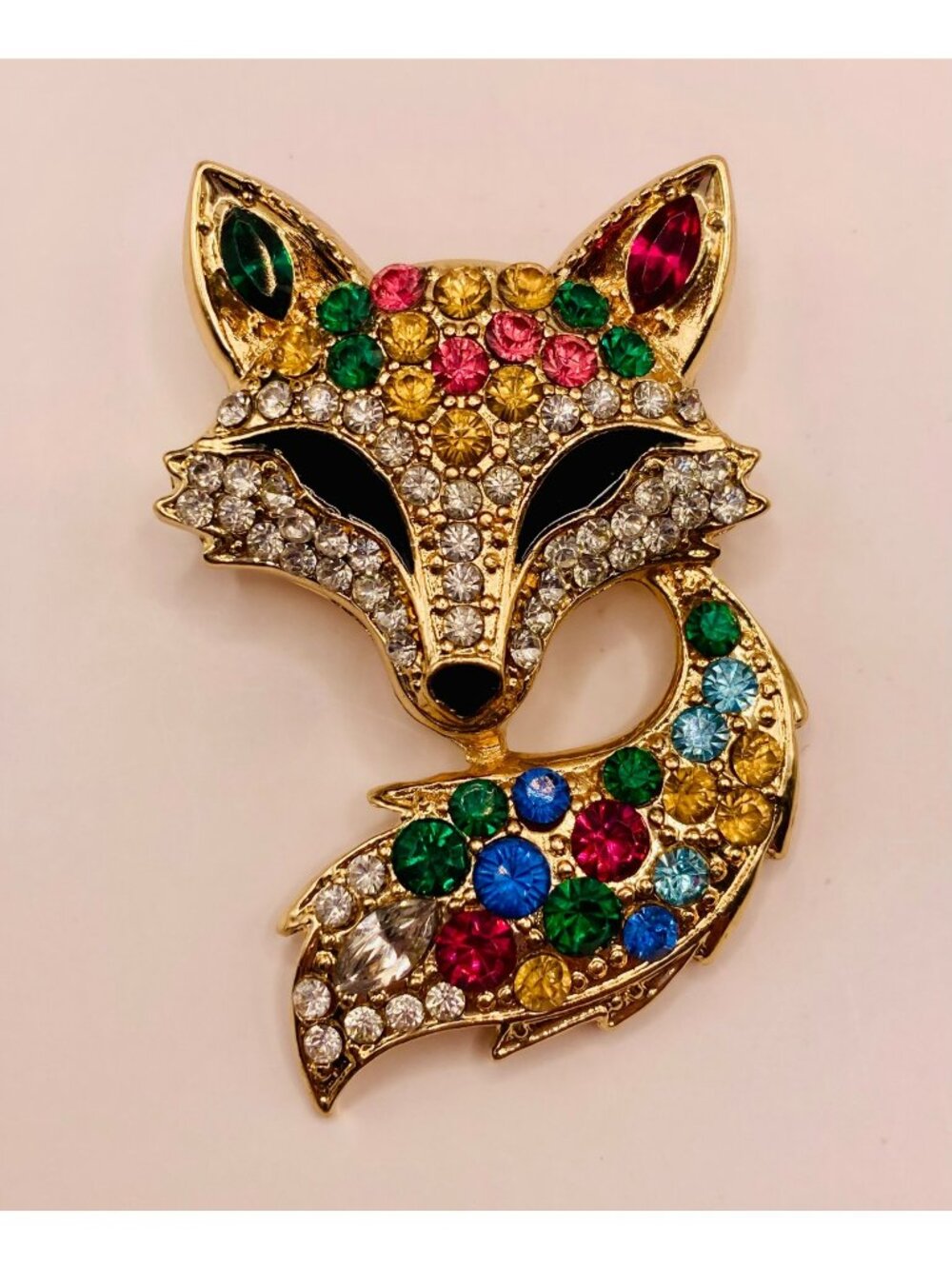 Rhinestone Fox Brooch Pin Multicolor Crystals Gold-Tone -105B